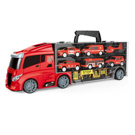 Tachan Camion Porte-Voitures de Pompiers avec Cabine Européenne - 5 Voitures, 1 Avion et 4 Panneaux de Signalisation - Pour Enfants 3 Ans et Plus