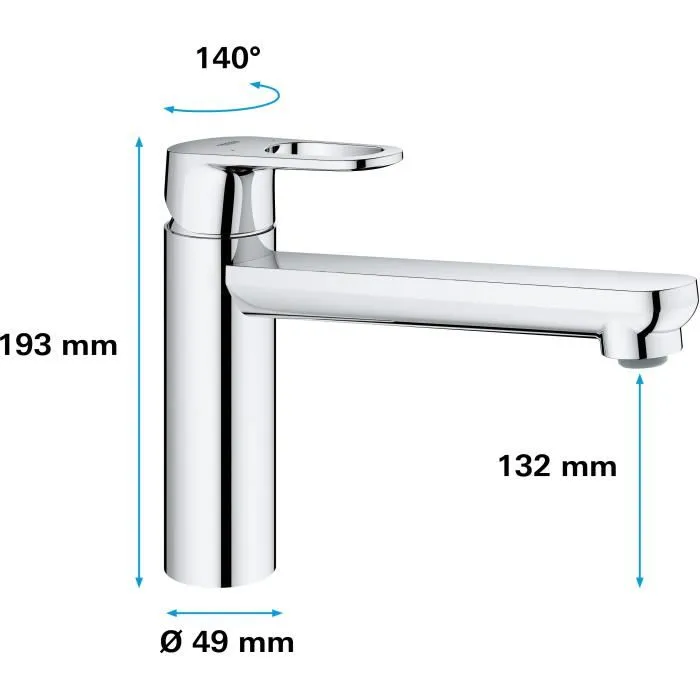 Grohe Mitigeur de Cuisine Monocommande Start Flow Chromé avec Mousseur Economique d'Eau 31691000 - Robinet pour Évier - Rotation 140°