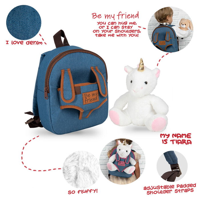 PERLETTI Mochila + Peluche Licorne Tiara 26cm - Sac à dos pour enfant avec doudou licorne, 26x21x8 cm