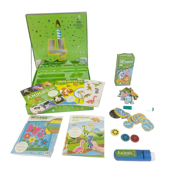 Imagiland Coffret Anniversaire 4 Ans avec Livre Projecteur, Mosaïques, Puzzle, Jeu de Mémoire et Stickers - Langue Espagnole Imagiland Coffret Anniversaire 4 Ans avec Livre Projecteur, Mosaïques, Puzzle, Jeu de Mémoire et Stickers - Langue Espagnole