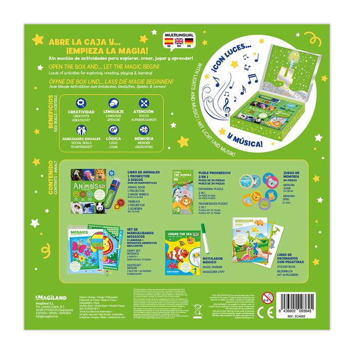 Imagiland Coffret Anniversaire 4 Ans avec Livre Projecteur, Mosaïques, Puzzle, Jeu de Mémoire et Stickers - Langue Espagnole Imagiland Coffret Anniversaire 4 Ans avec Livre Projecteur, Mosaïques, Puzzle, Jeu de Mémoire et Stickers - Langue Espagnole