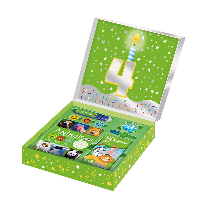 Imagiland Coffret Anniversaire 4 Ans avec Livre Projecteur, Mosaïques, Puzzle, Jeu de Mémoire et Stickers - Langue Espagnole Imagiland Coffret Anniversaire 4 Ans avec Livre Projecteur, Mosaïques, Puzzle, Jeu de Mémoire et Stickers - Langue Espagnole