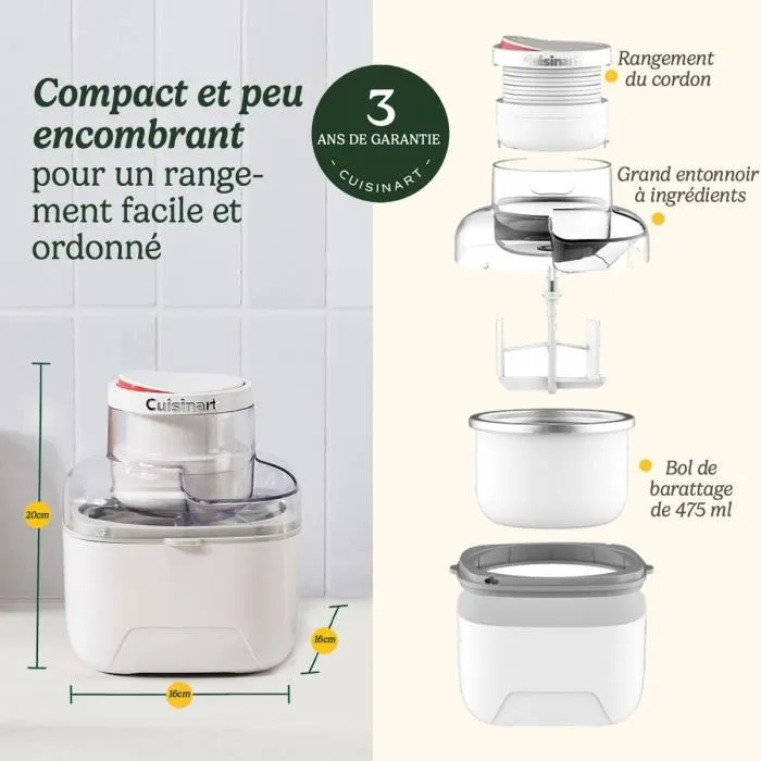 Cuisinart Sorbetière ICEM10E - Blanc, 475 ml, 12 W, Prépare glaces et sorbets en 25 min, Facile à nettoyer