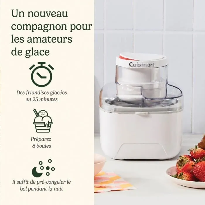 Cuisinart Sorbetière ICEM10E - Blanc, 475 ml, 12 W, Prépare glaces et sorbets en 25 min, Facile à nettoyer