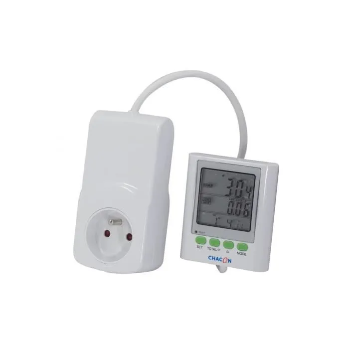 Chacon EcoWatt 650 - Compteur de consommation électrique avec écran déporté - Mesure puissance, consommation, tension, ampérage, coût - Tarif bi-horaire - Cordon 1.20 m