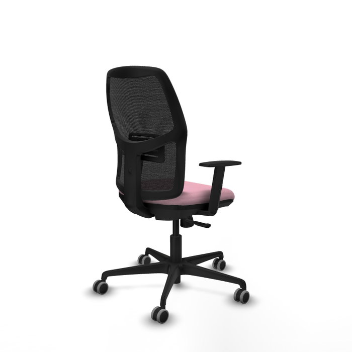 Chaise Alfera Synchro 4 positions tissu Rose Maille Noir Base en nylon noir Accoudoir 1D Sans appui-tête Roulettes 65mm pour moquette