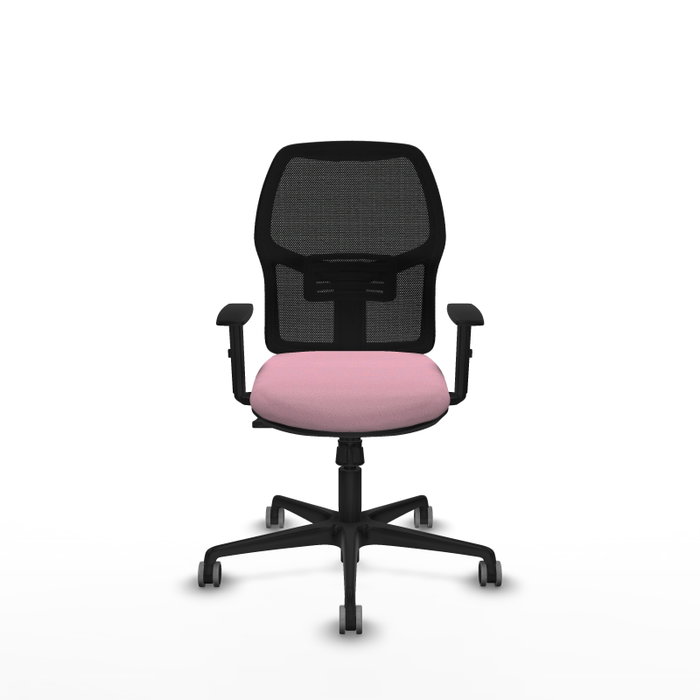 Chaise Alfera Synchro 4 positions tissu Rose Maille Noir Base en nylon noir Accoudoir 1D Sans appui-tête Roulettes 65mm pour moquette