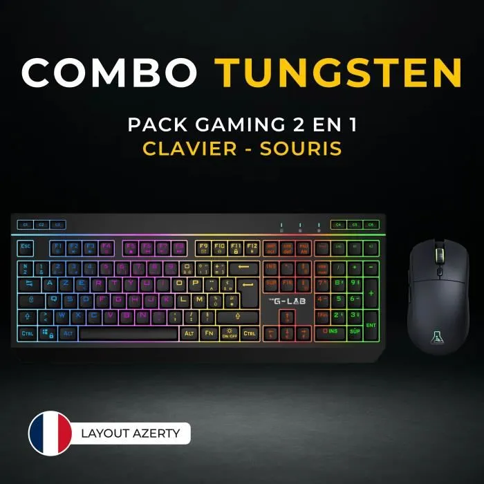 The G-Lab COMBO TUNGSTEN EX - Pack Gaming 2-en-1 Clavier et Souris sans Fil - Bluetooth - 32 Macros - Rétroéclairage RGB - Capteur 3200 DPI - Format Compact The G-Lab COMBO TUNGSTEN EX - Pack Gaming 2-en-1 Clavier et Souris sans Fil - Bluetooth - 32 Macros - Rétroéclairage RGB - Capteur 3200 DPI - Format Compact