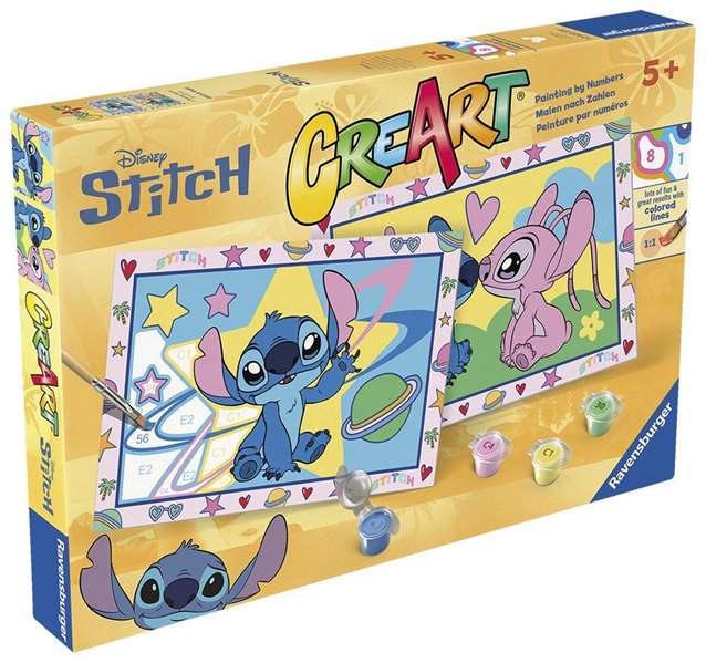 Ravensburger - Juego Creart Junior Stitch & Angel - Jeu de peinture pour enfants de 5 ans et plus avec 2 planches à peindre et 1 pinceau ergonomique Ravensburger - Juego Creart Junior Stitch & Angel - Jeu de peinture pour enfants de 5 ans et plus avec 2 planches à peindre et 1 pinceau ergonomique