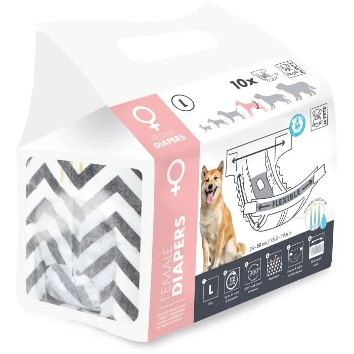 M Pets - Couches pour chienne DIAPERS Taille L, Lot de 10, Protection 12h, Indicateur d'humidité, Pour chiens 8-15 kg et tour de taille 32-52 cm