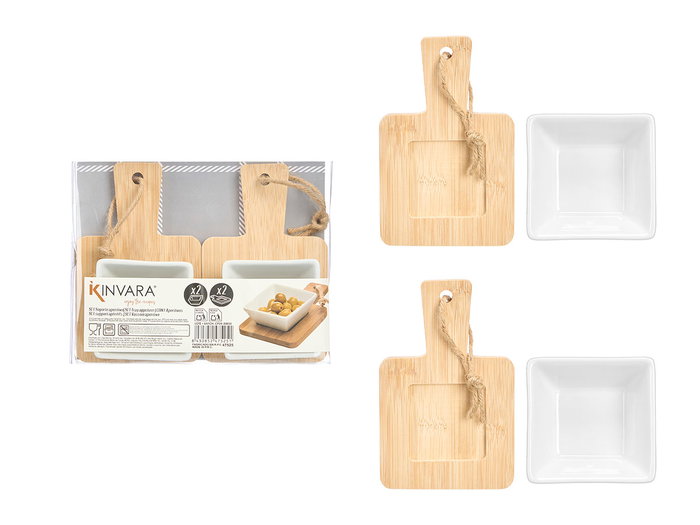 Kinvara Set de 2 Bols et Support Apéritif Carré en Porcelaine et Bambou 21x4x17 cm (Set de 24)