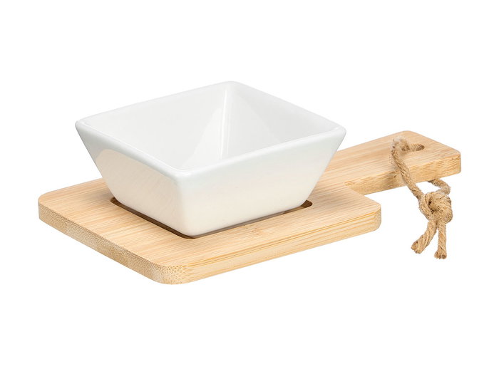 Kinvara Set de 2 Bols et Support Apéritif Carré en Porcelaine et Bambou 21x4x17 cm (Set de 24)