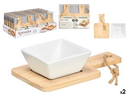 Kinvara Set de 2 Bols et Support Apéritif Carré en Porcelaine et Bambou 21x4x17 cm (Set de 24)
