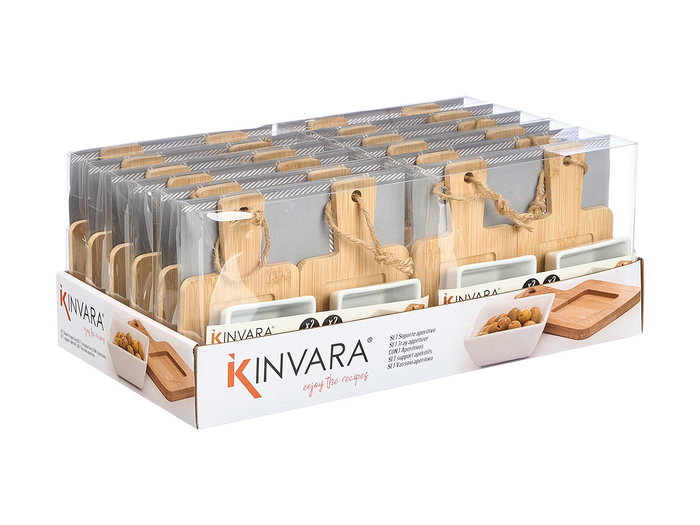 Kinvara Set de 2 Bols et Support Apéritif Carré en Porcelaine et Bambou 21x4x17 cm (Set de 24)