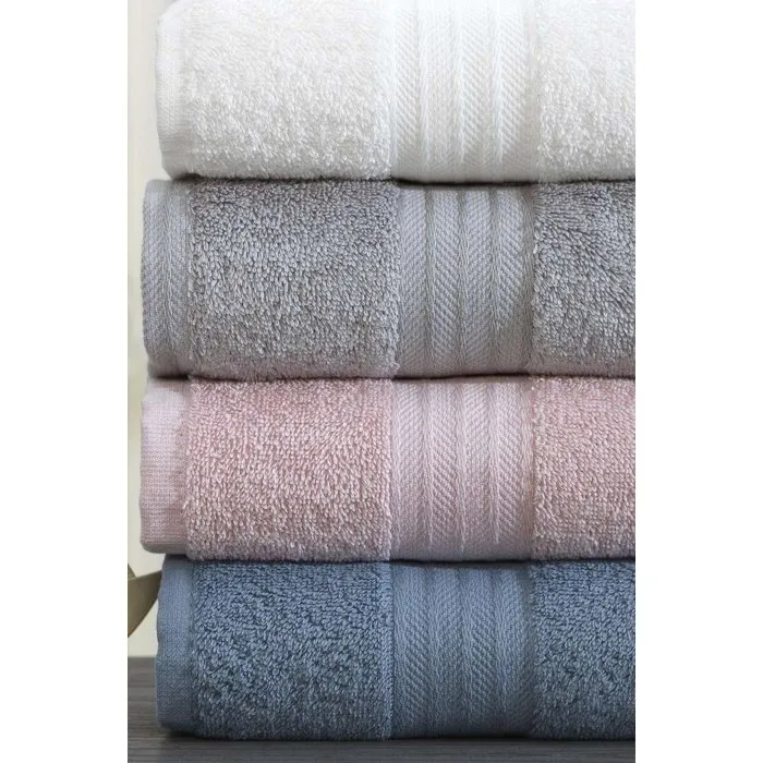 Ensemble de 4 serviettes de main en coton 100% - 50 x 85 cm - Couleurs Blanc, Gris, Rose, Bleu - Absorbantes et douces