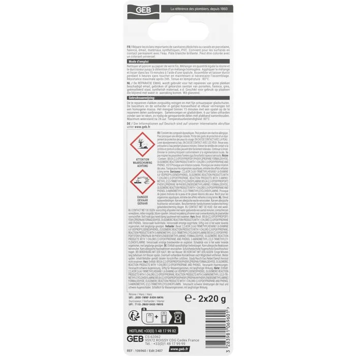 Geb Réparation Émail - Bi-composant Blanc Brillant - Pâte Époxy pour Réparer Porcelaine, Faïence, Acier Émaillé (Résiste à l'Eau et Produits Chimiques)