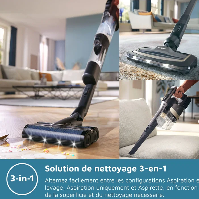 Philips XW7264/11 Aspirateur Balai Laveur 3-en-1 Série 7000, PowerCyclone Aqua, 2500 tours/min, Filtration Multi-étapes, Autonomie 30 min, Noir et Jaune