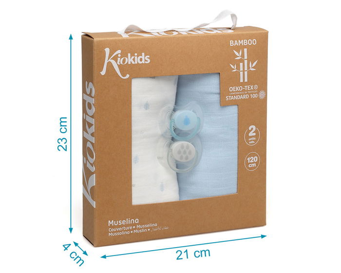 KioKids Set Petit Moments - Lot de 2 tétines orthodontiques en silicone et 2 grands lange-bébé 120x120 cm en bambou et coton, Bleu