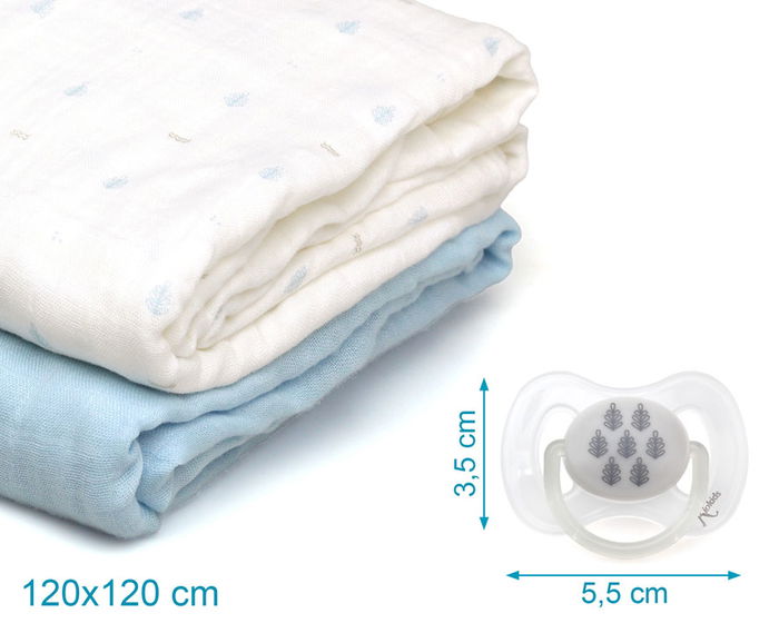 KioKids Set Petit Moments - Lot de 2 tétines orthodontiques en silicone et 2 grands lange-bébé 120x120 cm en bambou et coton, Bleu