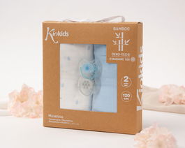 KioKids Set Petit Moments - Lot de 2 tétines orthodontiques en silicone et 2 grands lange-bébé 120x120 cm en bambou et coton, Bleu