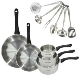 Fackelmann Set Geneva - Batterie de cuisine 11 pièces en inox avec 2 poêles, 3 casseroles et 6 ustensiles