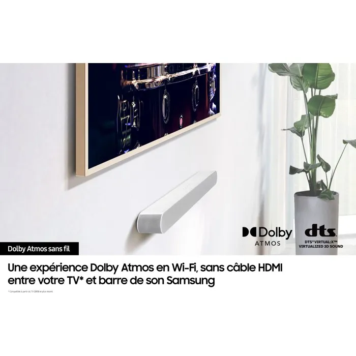 Samsung Barre de Son HW-S67D/XE, Série S 5.0 Ch, 7 Haut-parleurs, Dolby Atmos, DTS Virtual:X, Wi-Fi, Bluetooth, HDMI eARC, Compatible Q-Symphony, Blanc