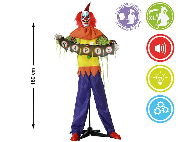 Animatronique Payaso Aterrador XL 180 cm avec Panneau "Happy", Lumière et Détection de Mouvement - Décor d'Halloween Effrayant Animatronique Payaso Aterrador XL 180 cm avec Panneau "Happy", Lumière et Détection de Mouvement - Décor d'Halloween Effrayant