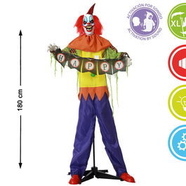 Animatronique Payaso Aterrador XL 180 cm avec Panneau "Happy", Lumière et Détection de Mouvement - Décor d'Halloween Effrayant