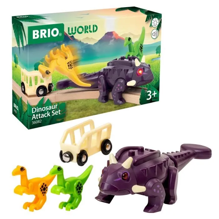BRIO 36082 Coffret Attaque Dinosaure - Dinosaure avec yeux LED rouges et rugissements sonores pour circuit de train en bois