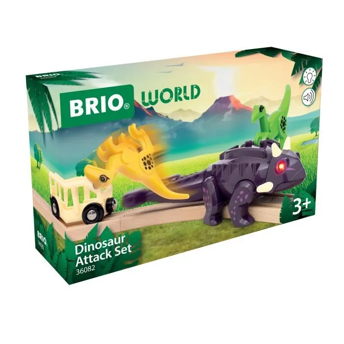 BRIO 36082 Coffret Attaque Dinosaure - Dinosaure avec yeux LED rouges et rugissements sonores pour circuit de train en bois