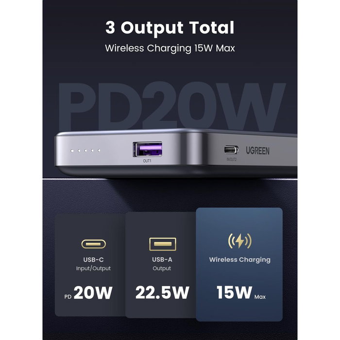 UGREEN Batterie Externe 10000 mAh 20W Magnétique Gris