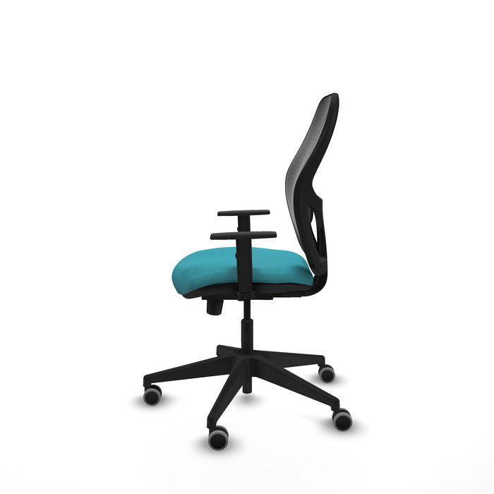 Chaise Alocén Synchrone/Traslack tissu Turquoise Maille Noir Base pyramidale noire Accoudoir 1D Sans appui-tête Roulettes 65mm pour moquette