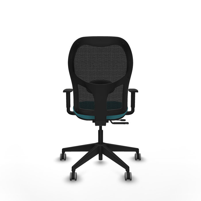 Chaise Alocén Synchrone/Traslack tissu Turquoise Maille Noir Base pyramidale noire Accoudoir 1D Sans appui-tête Roulettes 65mm pour moquette