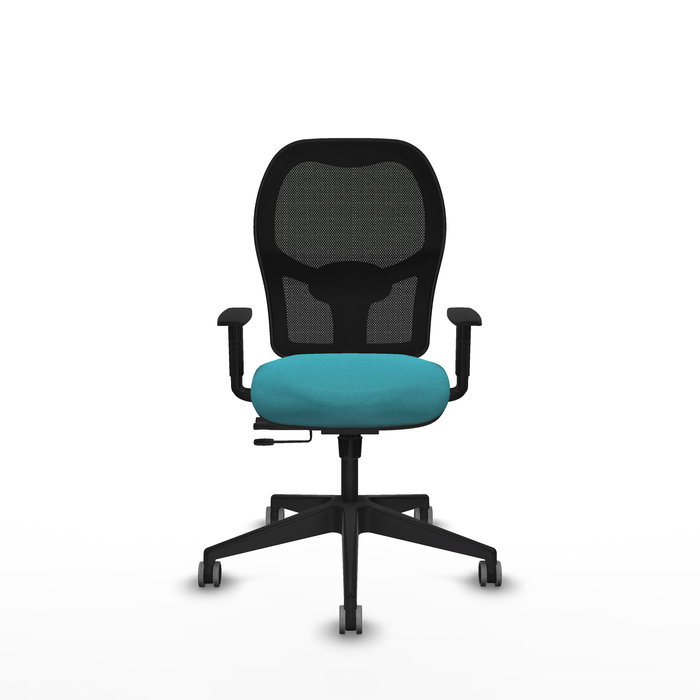 Chaise Alocén Synchrone/Traslack tissu Turquoise Maille Noir Base pyramidale noire Accoudoir 1D Sans appui-tête Roulettes 65mm pour moquette