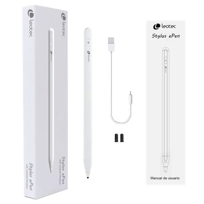 Leotec Stylus ePen Plus Crayon Numérique Universel pour Écran Tactile Compatible iOS Android Windows Pointe POM 1.7mm Recharge USB-C 140mAh Autonomie 12h Blanc