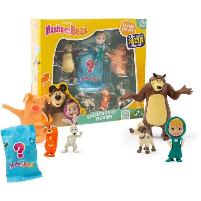 Masha And The Bear Figurines - Coffret de 7 figurines Masha et ses amis dont 1 surprise luminescente - 5 a 7 cm - Jouet pour enfant a partir de 3 ans - Ref MHA31