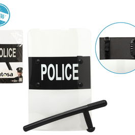 Set Policía Antiémeute 42 x 27 cm avec Bouclier Antidisturbios et Matraque - Pour Costume et Événements