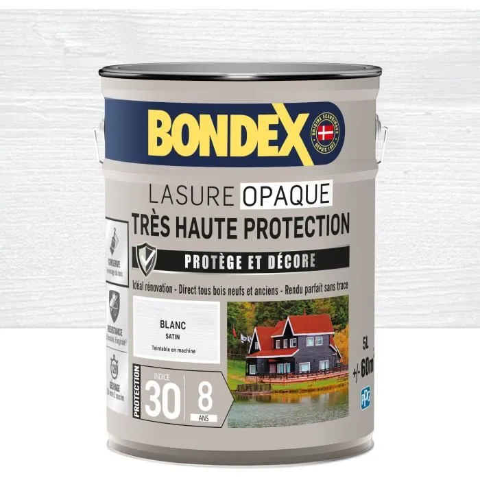 Bondex - Lasure opaque satinée extra haute protection, jusqu'à 8 ans - 5 L - Blanc satiné - Protection et rénovation bois neuf et ancien