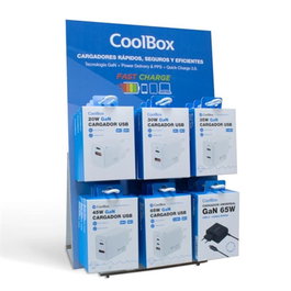 Coolbox Pack 18 Cargadores GaN avec Expositor - 20W/30W/35W/45W/65W USB-C PD + USB-A QC 3.0