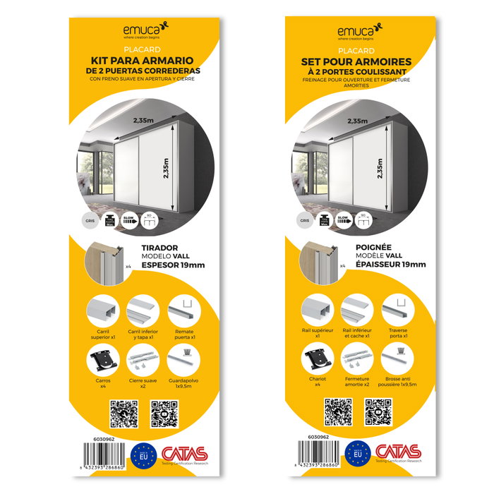 Emuca Kit de ferrures pour Placard 90 2 portes coulissantes et armoire à fermeture souple, profilé Vall, épaisseur 19mm, panneaux non inclus, anodisé mat