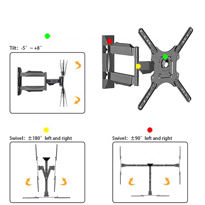 Ernitec Support mural pour 1 moniteur de 32 à 60 pouces, inclinaison -5° à +8°, pivot 180°, compatible VESA 100x100 à 400x400, charge 31,8 kg