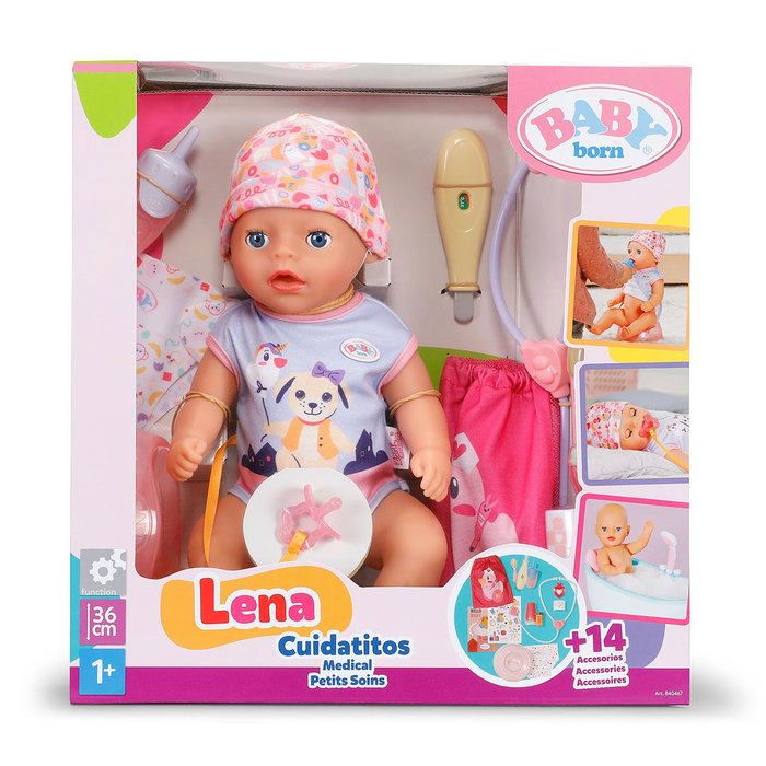 Zapf Creation Baby Born Lena Cuidaditos - Poupée interactive 36 cm avec 6 fonctions (boit, mouille la couche, dort...) et 13 accessoires
