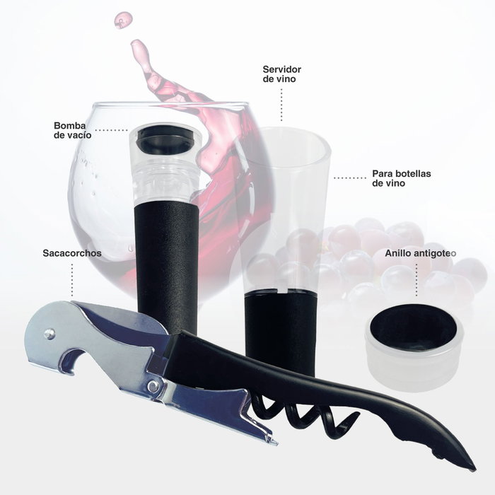 GSC Evolution Set de 4 pièces : tire-bouchon, pompe à vide, serveur de vin et anneau antigoutte GSC Evolution Set de 4 pièces : tire-bouchon, pompe à vide, serveur de vin et anneau antigoutte