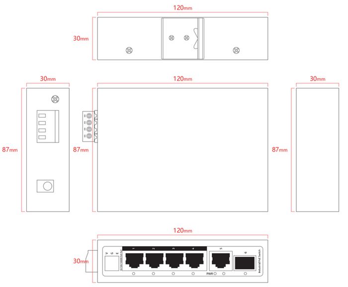 Ernitec Switch Gigabit PoE+ Industriel 6 Ports (4x PoE 120W, 2x Uplink, SFP, Gestion L2+, -40°C à 75°C)