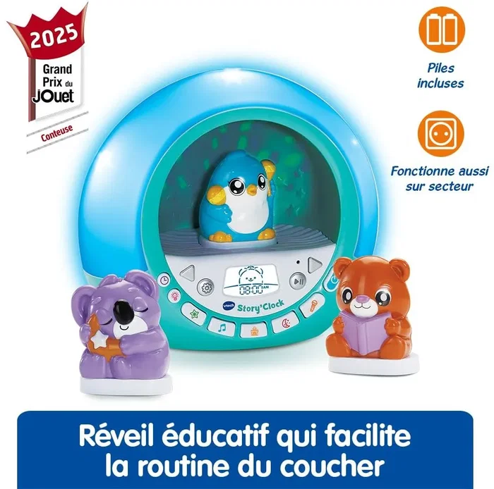 VTech Story'Clock Ma conteuse réveil bleu, conteuse avec lumières et sons pour enfant 3-8 ans, idéale routine coucher, langue française