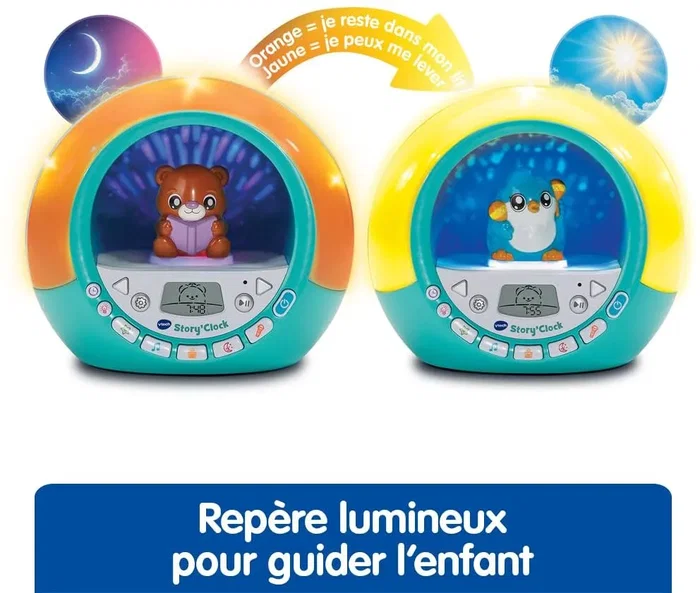VTech Story'Clock Ma conteuse réveil bleu, conteuse avec lumières et sons pour enfant 3-8 ans, idéale routine coucher, langue française