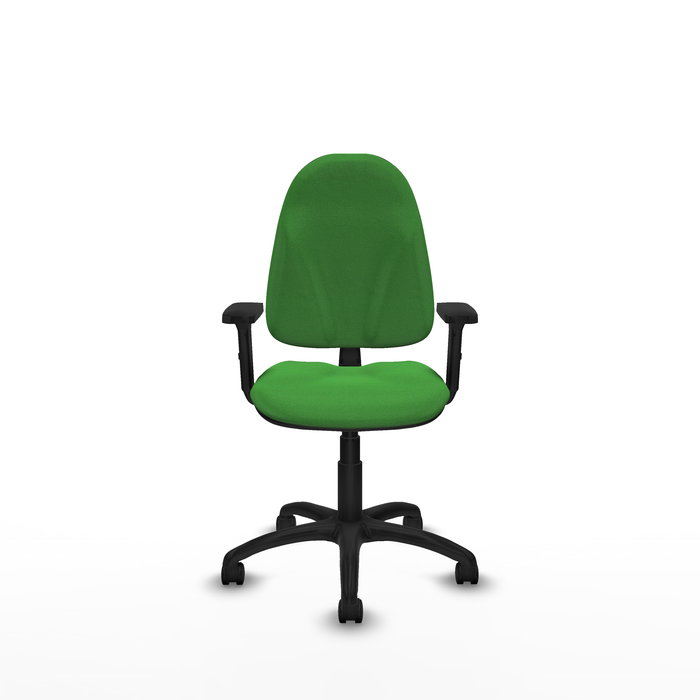 Chaise de bureau Algarra avec mécanisme de contact permanent de base, rembourrée de tissu vert. Équipée d'une base en polyamide noir, d'accoudoirs 2D et de roulettes en nylon de 50 mm