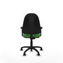 Chaise de bureau Algarra avec mécanisme de contact permanent de base, rembourrée de tissu vert. Équipée d'une base en polyamide noir, d'accoudoirs 2D et de roulettes en nylon de 50 mm