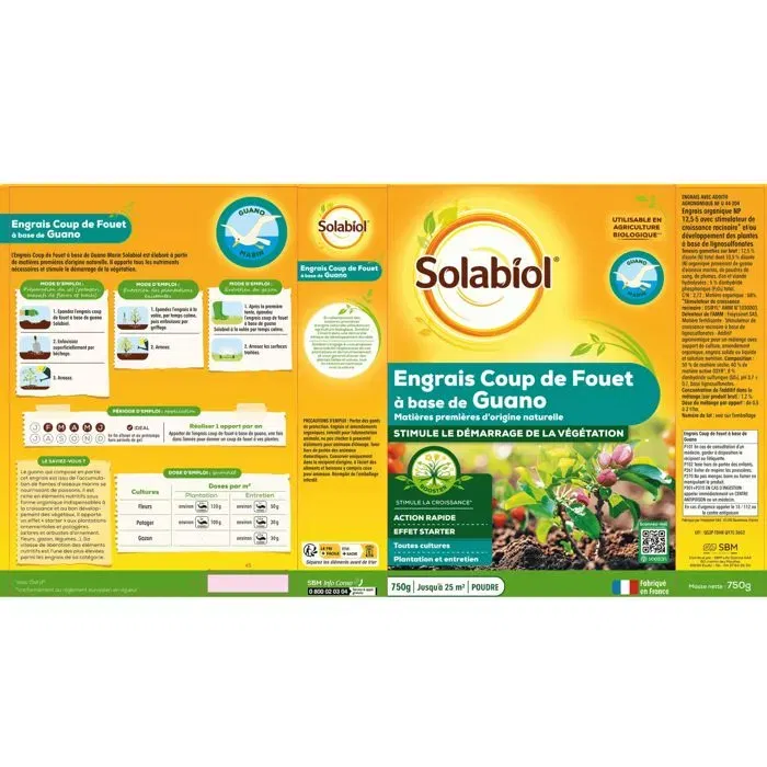 Solabiol Engrais Coup de Fouet - 750 g - Pour Jusqu'à 25 m² - Stimule la Croissance des Plantes avec Guano Marin - Pour Toutes Cultures