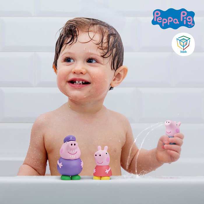 Deqube Peppa Pig - Pack de 3 figurines de bain en goma avec valve anti-moisissures - Peppa, George et Grand-Père Pig (7-10 cm)